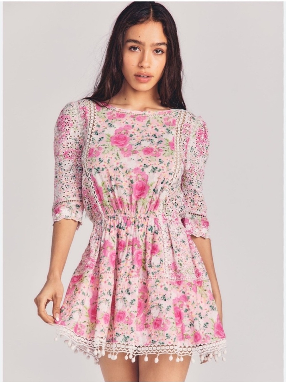 LoveShackFancy Novalie Floral Lace Mini Dress Ruffle Embroidered Pink